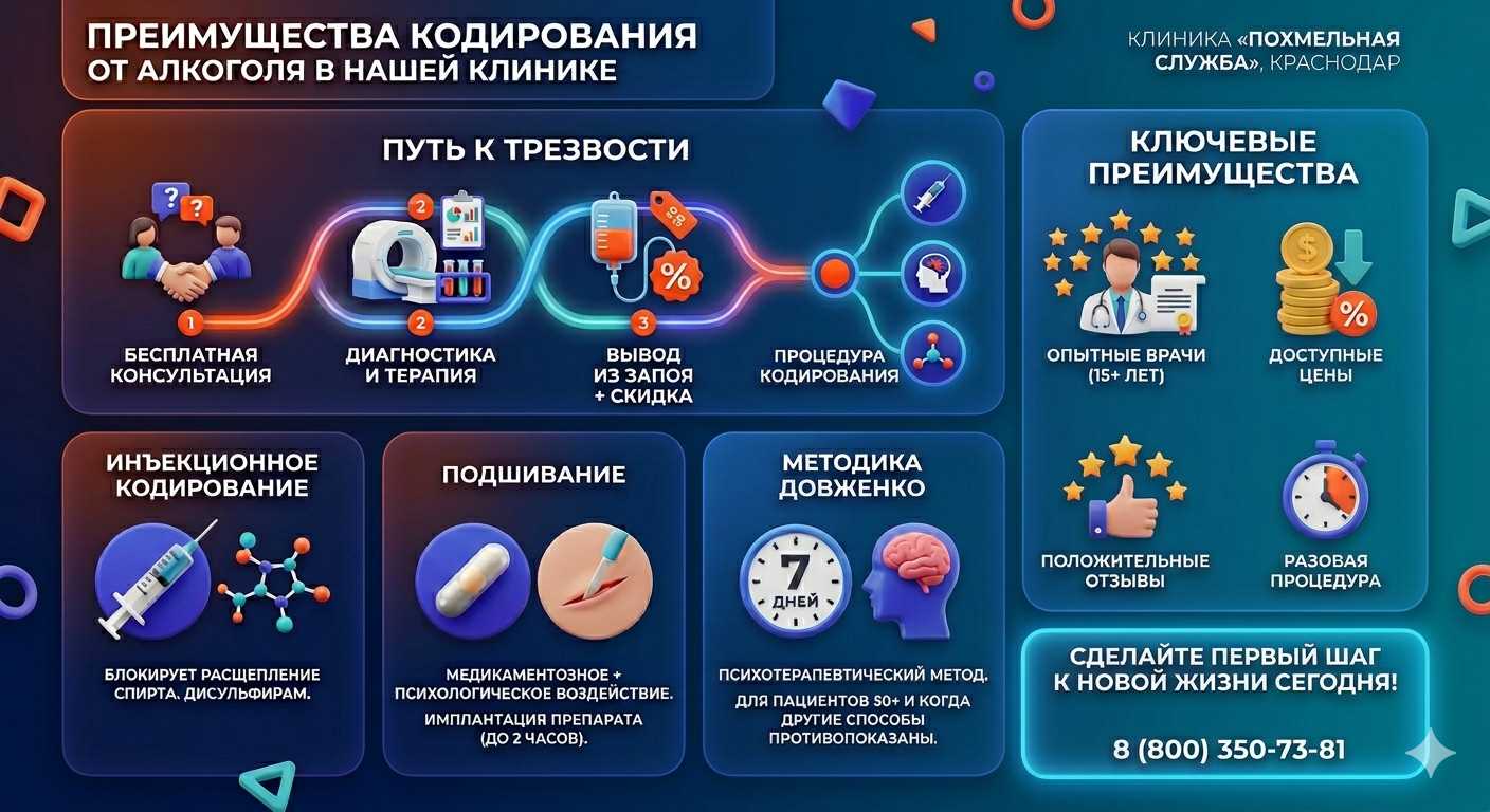 Инфографика о методах кодирования от алкоголя в Чусовом: инъекции, подшивание, метод Довженко. Преимущества клиники и этапы лечения.